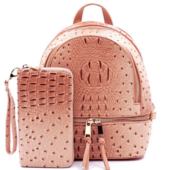 Unbranded Handbags - Ostrich Pink Croc Backpack Wallet Set NEW